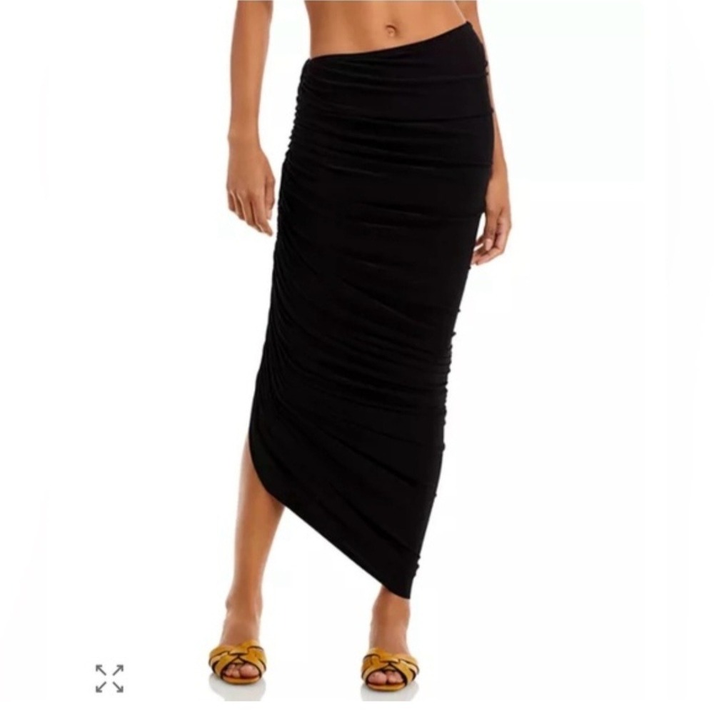 Norma‎ Kamali Diana Black Ruched Asymmetrical Long Skirt Womens XL 38 Minimalist